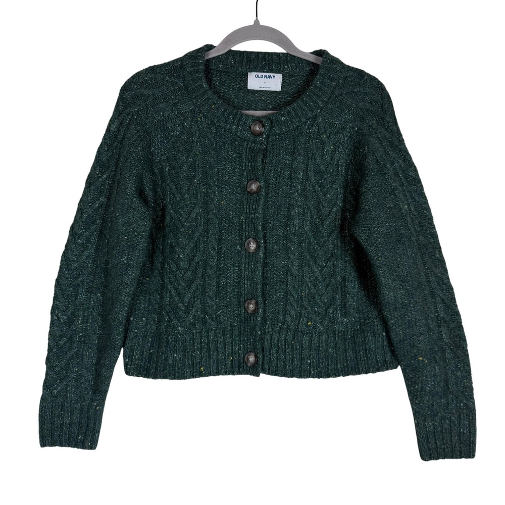 Old Navy Sweater Womens Small Green Cable Knit Button Cardigan Crewneck